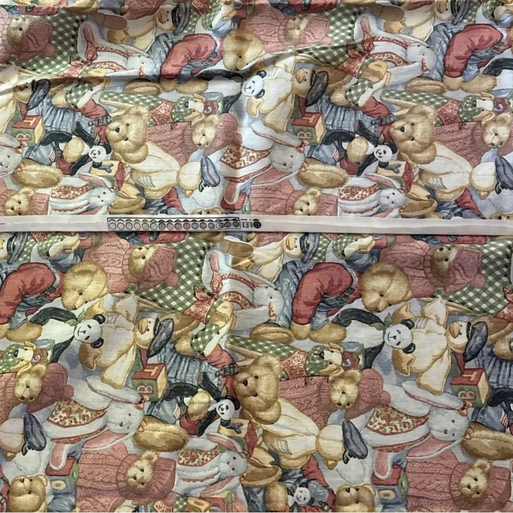 1990s Daisy Kingdom Teddy Bear Print Fabric Tablecloth and Napkins